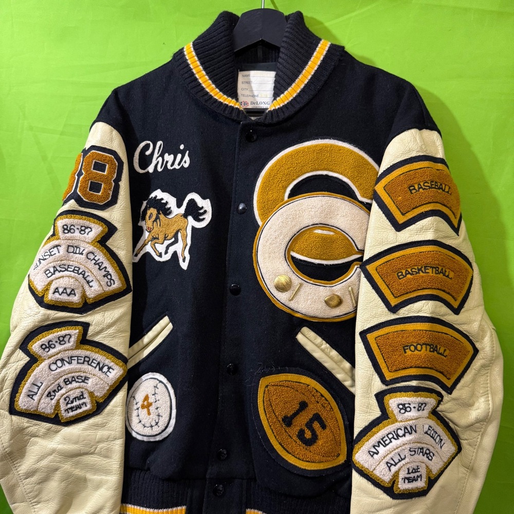 80s VTG Chain DeLONG Varsity Jacket 42 Navy Wool Leather Grant Chargers Baseball